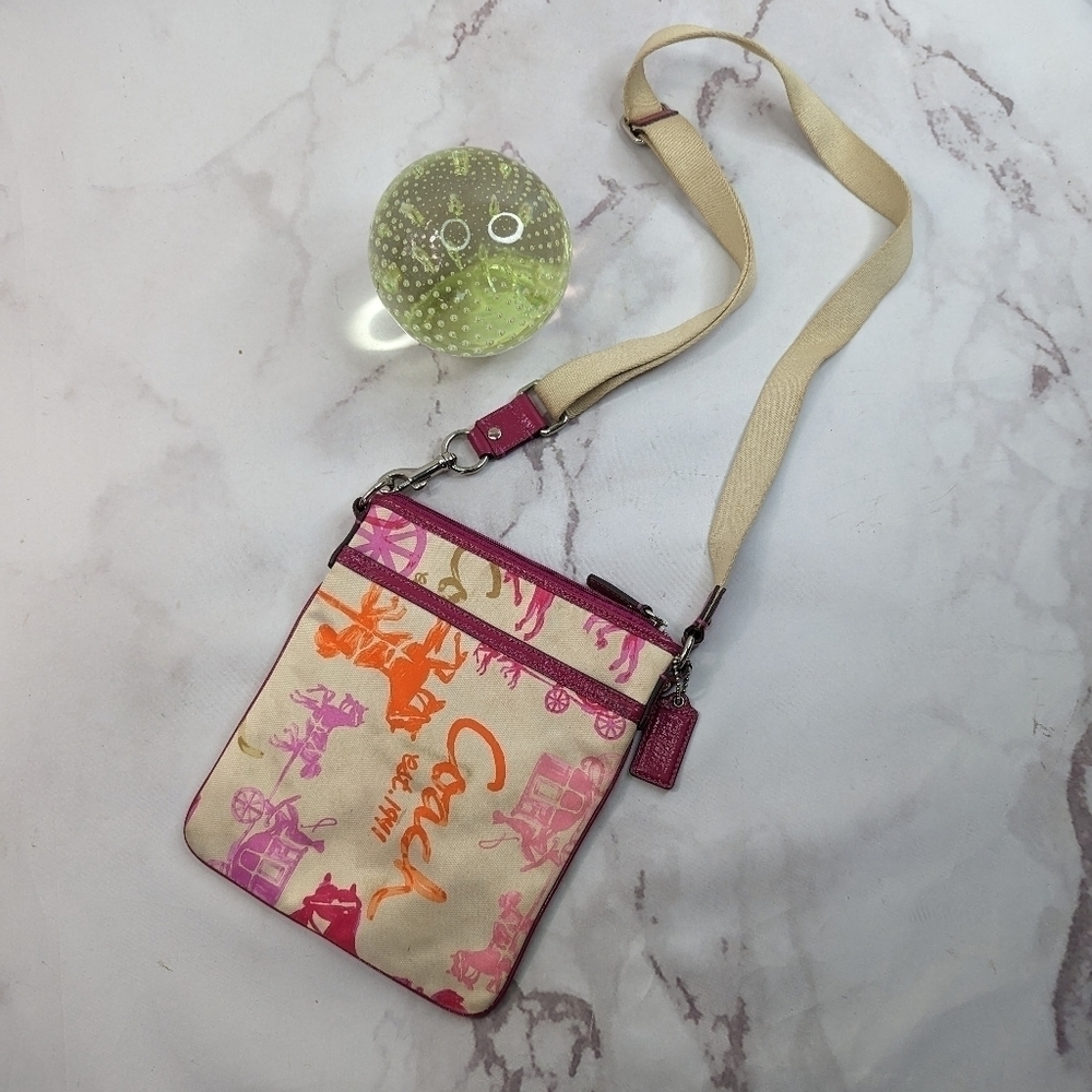 Coach Crossbody Bag Horse Carriage Logo Pink Orange Crayon Patent Y2K F43813 B2C - Picture 8 of 11